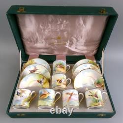 Minton Game Birds Coffee Set. Hand painted, signed. 6 x Cups/Cans & Saucers. VTG