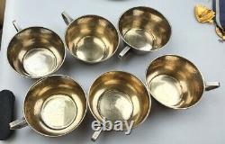 Mstera Vintage USSR Gilt Sterling Silver 875 Set 6 Tea Coffee Cups Saucers 810gr