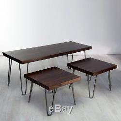 NEW Vintage Solid Wood Coffee Table Set/ Nest Hairpin Legs, Rustic Dark Wood