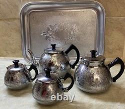 NOS VINTAGE Coffee / Tea Set Of TRAY and 4 Pc Teapot Milk /Coffe pot Sugar Bowl