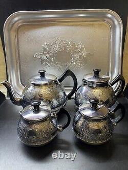 NOS VINTAGE Coffee / Tea Set Of TRAY and 4 Pc Teapot Milk /Coffe pot Sugar Bowl