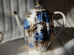 NOS Vintage Tea Coffee Set Lomonosov 6/16 Golden Garden Cobalt Blue Gold 22k