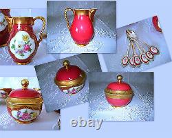 No Teapot! Antique Vtg German Lindner Kueps HP Porceln Red Floral Tea Coffee Set