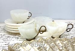 ONYX Coffee Cup & Saucer Set MARBLE STONE Vintage Brass Handle TeaCups ANTIQUE