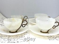 ONYX Coffee Cup & Saucer Set MARBLE STONE Vintage Brass Handle TeaCups ANTIQUE