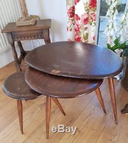 Original dark colour vintage Ercol Pebble nest 3 set Coffee Tables. Used