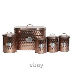 Oval Bread Bin 5pc Set With Biscuit, Tea, Coffee, Sugar Canisters Vintage Copper