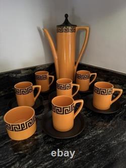 Portmeirion Greek Key coffee set Orange/black Susan Williams-Ellis 1960's
