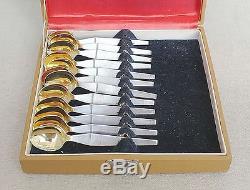 RUSSIAN USSR VINTAGE GUILLOCHE GILT SILVER 875 SET 12 COFFEE SPOONS with BOX 168gr