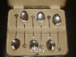 Rare Box Set Of 6 Vintage Arts & Crafts Solid Silver Tea/coffee Spoons 1937