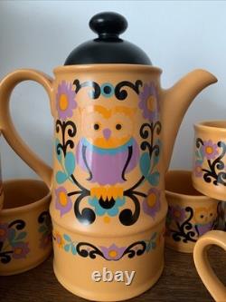 Rare Vintage Retro Sadler OWL FOLK ART 1970s Purple Orange Black Coffee Set