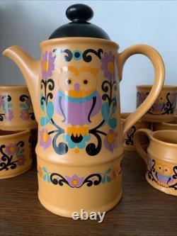 Rare Vintage Retro Sadler OWL FOLK ART 1970s Purple Orange Black Coffee Set