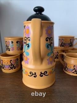 Rare Vintage Retro Sadler OWL FOLK ART 1970s Purple Orange Black Coffee Set