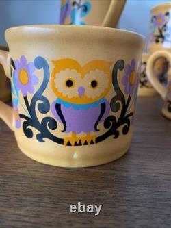 Rare Vintage Retro Sadler OWL FOLK ART 1970s Purple Orange Black Coffee Set