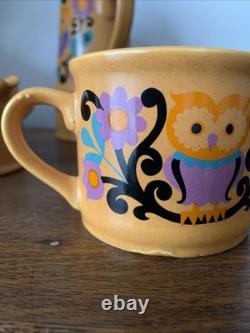 Rare Vintage Retro Sadler OWL FOLK ART 1970s Purple Orange Black Coffee Set