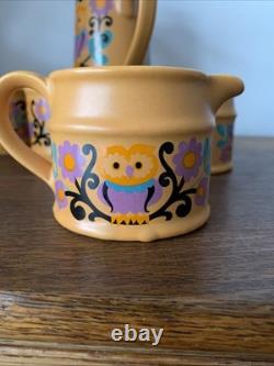 Rare Vintage Retro Sadler OWL FOLK ART 1970s Purple Orange Black Coffee Set