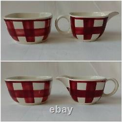 Rare Vintage T G Green Coffee Set Patio Gingham Red Pattern Cups Saucers Pot etc