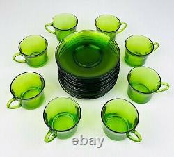 Retro 1970's Green Glass Coffee Cups & Saucer Set 20 PCS Made in France Vintage