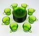 Retro 1970's Green Glass Coffee Cups & Saucer Set 20 Pcs Made In France Vintage