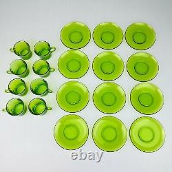 Retro 1970's Green Glass Coffee Cups & Saucer Set 20 PCS Made in France Vintage