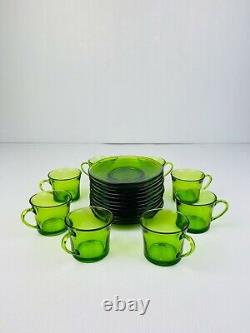 Retro 1970's Green Glass Coffee Cups & Saucer Set 20 PCS Made in France Vintage