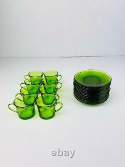 Retro 1970's Green Glass Coffee Cups & Saucer Set 20 PCS Made in France Vintage