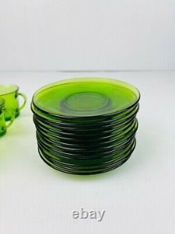 Retro 1970's Green Glass Coffee Cups & Saucer Set 20 PCS Made in France Vintage