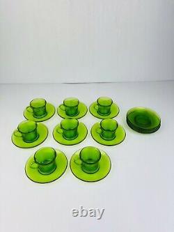 Retro 1970's Green Glass Coffee Cups & Saucer Set 20 PCS Made in France Vintage