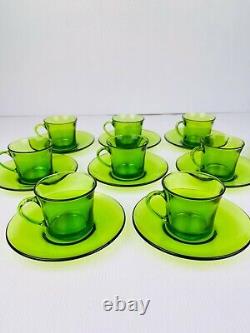 Retro 1970's Green Glass Coffee Cups & Saucer Set 20 PCS Made in France Vintage