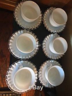 SET OF 6 VINTAGE FENTON SILVER CREST COFFEE CUP & SAUCER With RARE CRYSTAL HANDLE