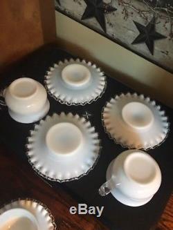 SET OF 6 VINTAGE FENTON SILVER CREST COFFEE CUP & SAUCER With RARE CRYSTAL HANDLE