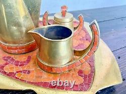 Salvador Teran Vtg Mid Century Modern Brass Mosaic Glass Tile Coffee Set Tray