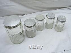 Set 5 Vintage Glass Hoosier Type Jars Shaker Panel Coffee Tea Salt/Pepper Spice