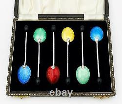 Set 6 Vintage STERLING SILVER GUILLOCHE ENAMEL COFFEE SPOONS BOXED 1952 HCD