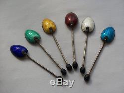 Set 6 Vintage Silver Enamel Shell Coffee Bean Coffee Spoons In Box