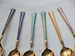 Set 6 Vintage Silver & Gold Gilded Enamel Coffee Spoons In Box