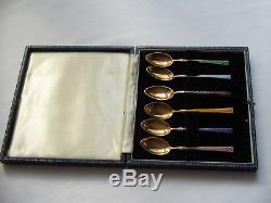 Set 6 Vintage Silver & Gold Gilded Enamel Coffee Spoons In Box