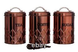 Set Of 3 Copper Tea Coffee Sugar Canisters Storage Jars Air Tight LID Container