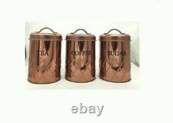 Set Of 3 Copper Tea Coffee Sugar Canisters Storage Jars Container Air Tight LID