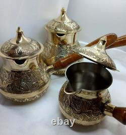 Set Of 3 Vintage Copper Turkish Coffee Pot Antique With Wooden Handle