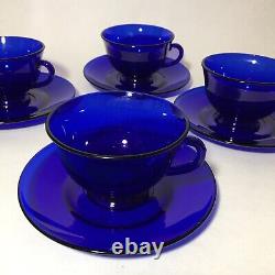 Set Of 4 Vintage Cobalt Blue Glass Tea Or Coffee Cups And Saucers