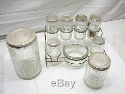Set Vintage Glass Hoosier Type Jars withWire Rack Panel Coffee Tea Canister Spice