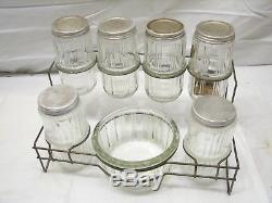 Set Vintage Glass Hoosier Type Jars withWire Rack Panel Coffee Tea Canister Spice