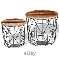 Set of 2 Vintage Round Wood Side End Table Coffee Cage Tables Metal Frame