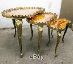Set of 3 Vintage Nesting Coffee Side Tables Brass Marquetry Kidney Shape HTF