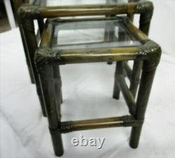 Set of 3 Vintage Nesting Coffee Side Tables Faux Bamboo Rattan Lounge