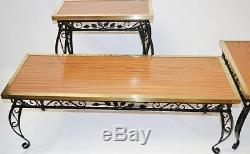 Set of 3 Vintage Wrought Iron Cherry Wood Brass Trimmed Top Coffee Tables 2241