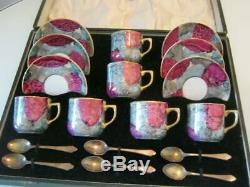 Stunning Vintage Cased Gilt Lustre Coffee Set & 6 Silver Spoons B/ham 1930