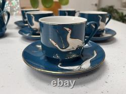 Stunning Vintage Chinese tea/coffee set with cranes design teal blue