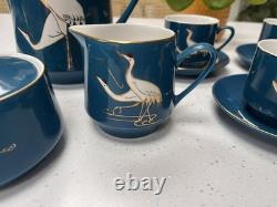 Stunning Vintage Chinese tea/coffee set with cranes design teal blue